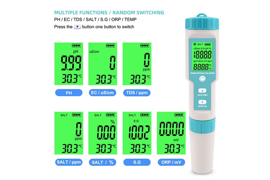 قلم فاحص حموضةوحرارة7ف 1(TDS/EC/ORP/S.G/Salinity)